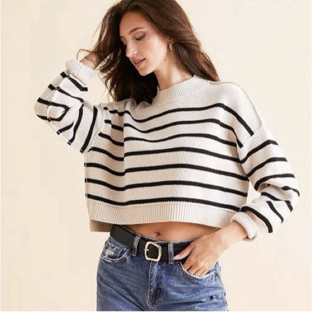 Free People Striped Easy Street Cropped Sweater Sz S Beige Slouchy Oversized
